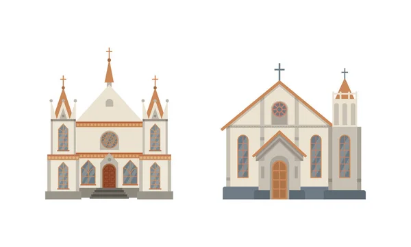 Edificio de la Iglesia Católica o Casa Religiosa como Lugar de Adoración Vector Set — Vector de stock