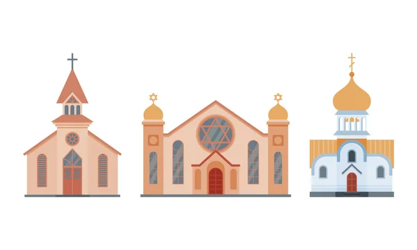 Orthodox and Jewish Church Building or Religious House as Place of Worship Vector Set — Image vectorielle