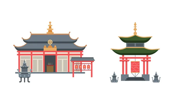 Buddhist Temple Building or Religious House as Place of Worship Vector Set — Stockový vektor