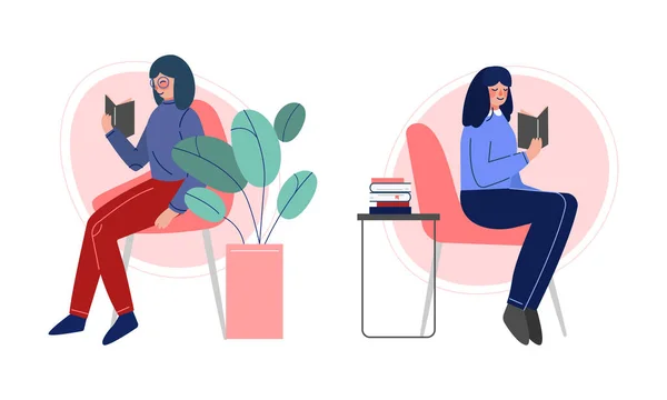 Woman Sitting on Chair and Reading Interesting Book Vector Set — ストックベクタ