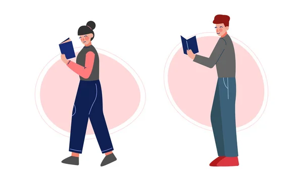 Man and Woman Walking and Reading Interesting Book Vector Set — ストックベクタ