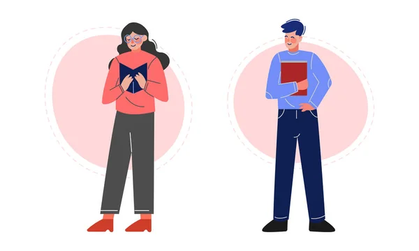 Man and Woman Standing and Reading Interesting Book Vector Set — ストックベクタ