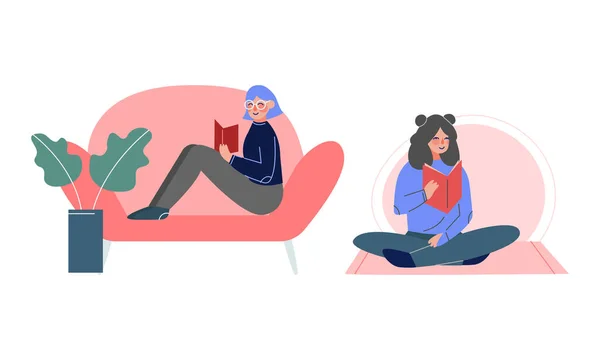 Femme assise et lecture Intéressant livre vectoriel Set — Image vectorielle