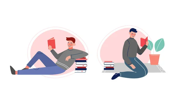 Man Sitting on Floor and Reading Interesting Book Vector Set — ストックベクタ
