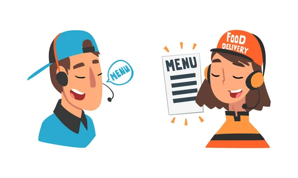 Food Express Delivery Service with Man and Woman Operator in Headset Taking Online Order Vector Set — Stok Vektör