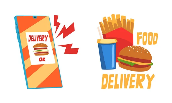 Food Delivery Service with App Interface on Smartphone Screen and Fast Food Vector Set — ストックベクタ