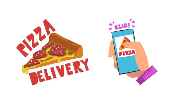 Служба доставки їжі з інтерфейсом програми на екрані смартфона та набір векторів скибочок піци — стоковий вектор