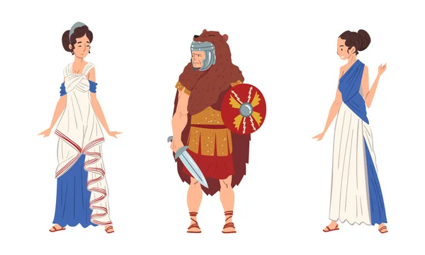 Ancient Roman Soldier or Greek Warrior and Woman in Long Tunic Standing Vector Set — Vetor de Stock