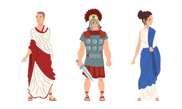 Ancient Roman Soldier or Greek Warrior and Woman in Long Tunic Standing Vector Set — Stock Vector