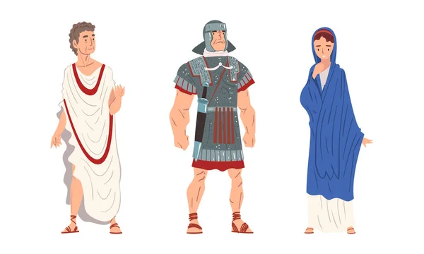 Antiguo soldado romano o guerrero griego y mujer en largo conjunto de vectores de pie de túnica — Archivo Imágenes Vectoriales