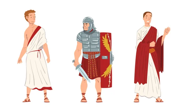 Antiguo soldado romano o guerrero y hombre griego en largo conjunto de vectores de pie de túnica — Archivo Imágenes Vectoriales