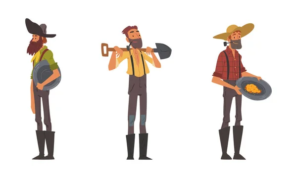 Prospector masculino barbudo personaje Gold Mining Holding Pan y pala conjunto de vectores — Vector de stock