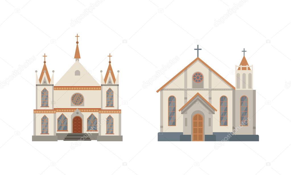 Catholic Church Building or Religious House as Place of Worship Vector Set