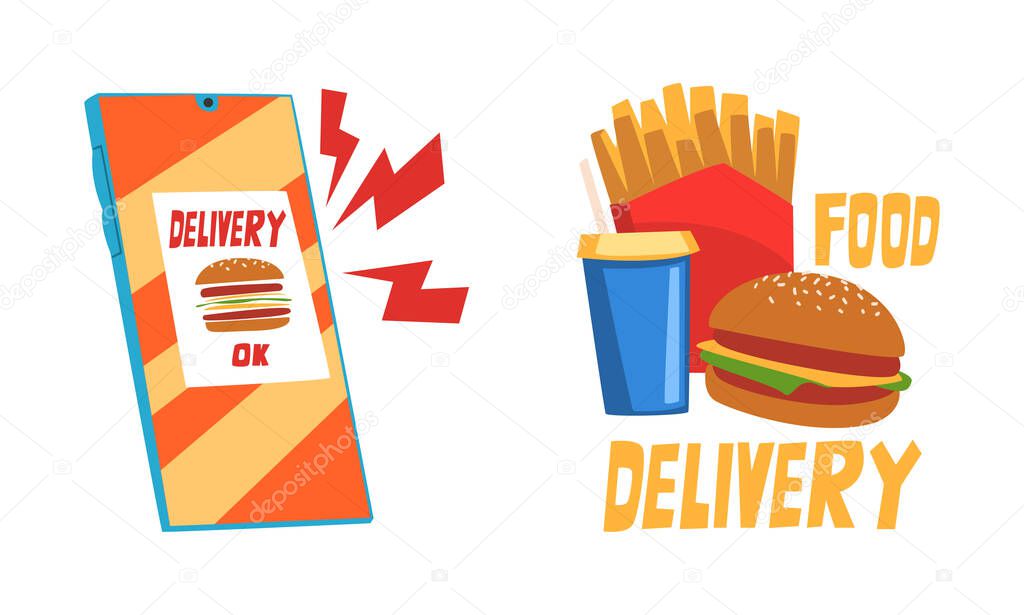 Food Delivery Service with App Interface on Smartphone Screen and Fast Food Vector Set