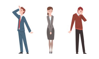 Sad and Frustrated Business People Character or Unhappy Office Worker Standing with Hang Head Vector Set