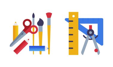 Ruler with Compass and Brush with Pencils as School Education Object Vector Set