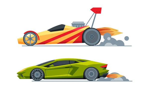 Automobile or Car Participating in Drag or Motor Racing Vector Set — Stockvector