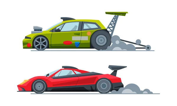 Automobile or Car Participating in Drag or Motor Racing Vector Set — Stockový vektor