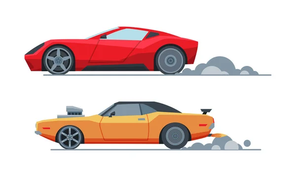Automobile or Car Participating in Drag or Motor Racing Vector Set — стоковый вектор