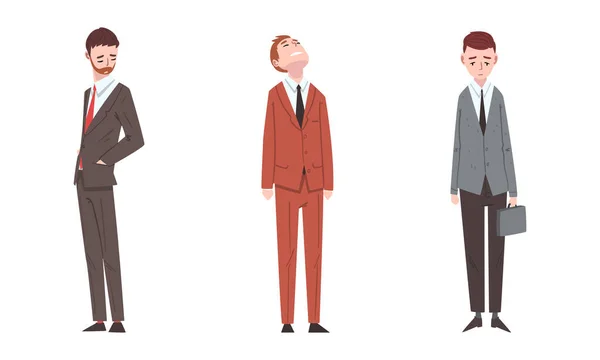 Sad and Frustrated Business People Character or Unhappy Office Worker Standing with Hang Head Vector Set — Stok Vektör