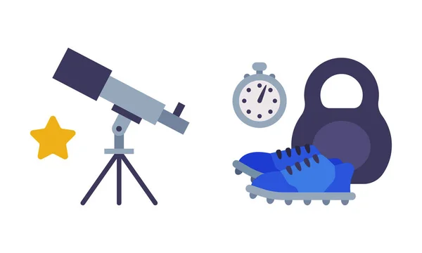 Telescope and Kettlebell with Boots as School Education Object Vector Set — Stock vektor