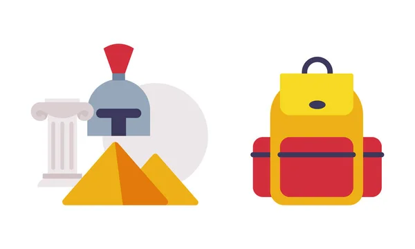 Backpack and Ancient Artifact with Antique Column and Pyramid as School Education Object Vector Set — Vettoriale Stock