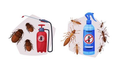 Pest Control with Chemical in Bottle and Ants Vector Set