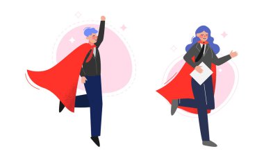 Super Businesspeople Character in Red Cape Running and Flying Vector Set