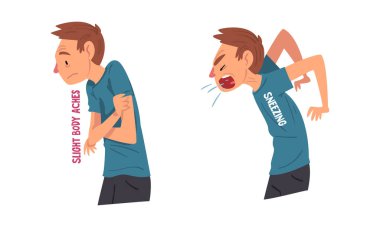 Man Having Cold or Flu Symptom with Sneezing and Slight Body Ache Vector Set