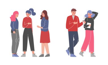 Man and Woman Friend Walking with Coffee and Talking Spending Time Together Vector Set