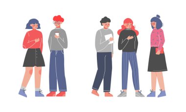 Man and Woman Friend Walking with Coffee and Talking Spending Time Together Vector Set