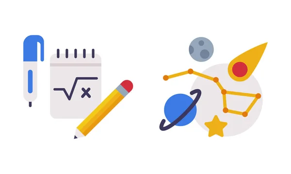 Planet with Constellation and Notepad with Pen as School Education Object Vector Set — стоковый вектор