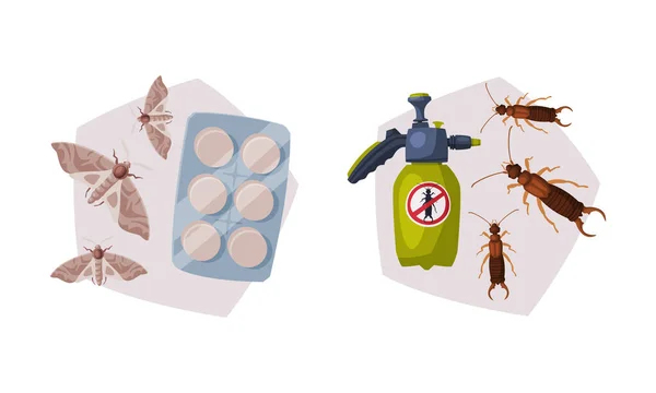 Pest Control with Chemical in Bottle, Repellent Pills and Moth Vector Set — 스톡 벡터