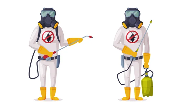 Pest Control Service with Equipped Man in Protective Suit Holding Chemical Cylinder Vector Set — Wektor stockowy