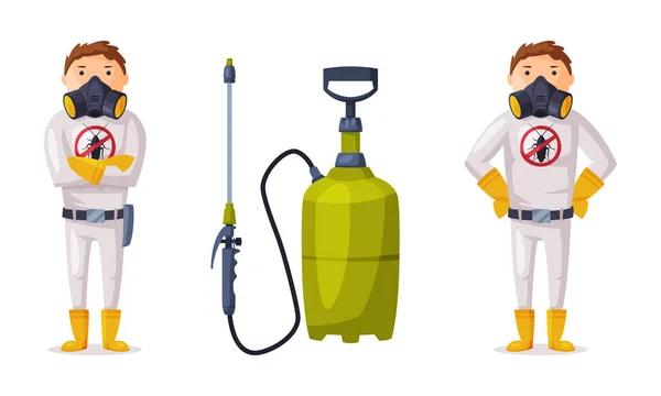 Pest Control Service with Equipped Man in Protective Suit and Chemical Cylinder Vector Set — Wektor stockowy