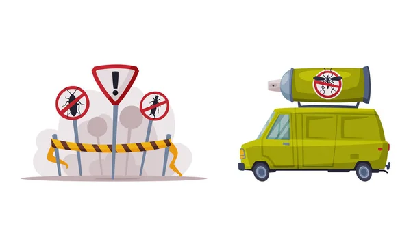 Servicio de control de plagas con vehículo Van y señal de restricción en el conjunto de vectores de poste — Archivo Imágenes Vectoriales