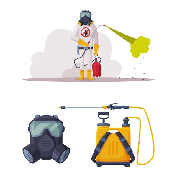 Pest Control Service with Equipped Man in ProProtection Suit Holding Chemical Cylinder Vector Set - Stok Vektor
