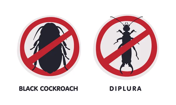 Black Cockroach and Diplura Red Warning or Prohibition Sign with Cross Line Vector Set — ストックベクタ