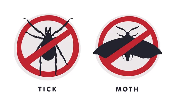 Tick and Moth Red Warning or Prohibition Sign with Cross Line Vector Set — Archivo Imágenes Vectoriales