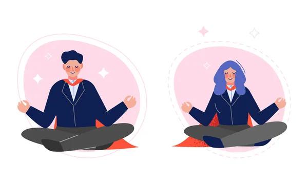 Super Businesspeople Character in Red Cape Meditating in Yoga Lotus Pose Vector Set — Wektor stockowy