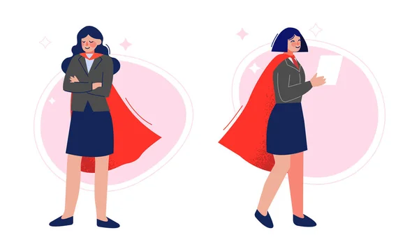 Super Business Woman Character in Red Cape Standing and Walking with Document Vector Set — Wektor stockowy