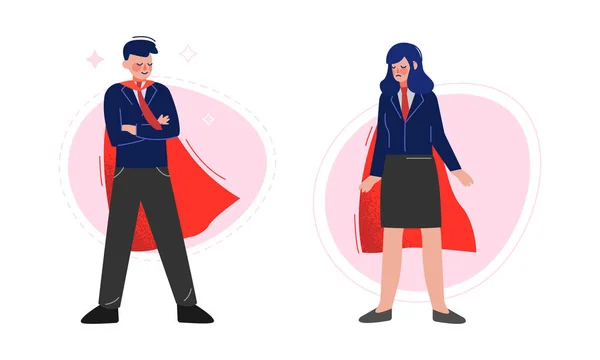 Super Businesspeople Character in Red Cape in Standing Pose Vector Set — Stockvektor