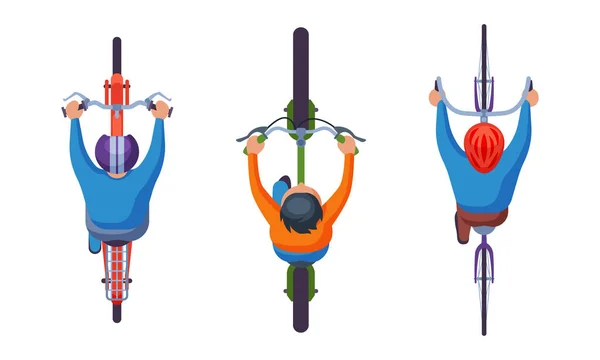 People Driving Riding Bicycle Holding Handlebar Above View Vector Set — Stok Vektör