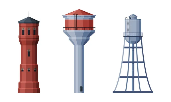 Elevated Water Tower with Tank as Water Supply Storage Vector Set — 图库矢量图片
