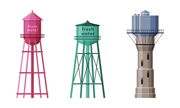 Elevated Water Tower with Tank as Water Supply Storage Vector Set — Stockvektor