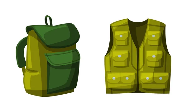 Fisherman Green Vest with Pockets and Backpack Vector Set — Stock vektor