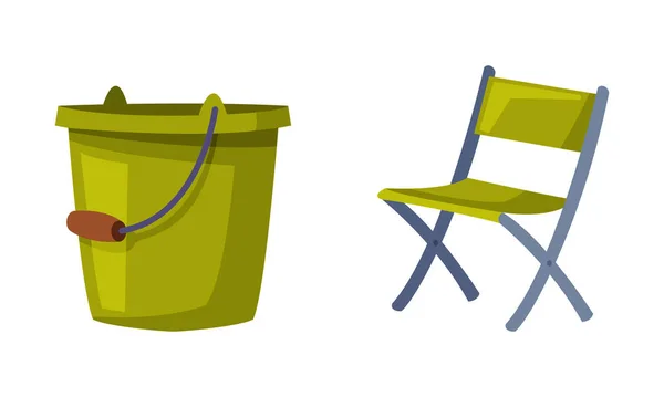 Fisherman Green Bucket or Pail and Chair Vector Set — Stockvector