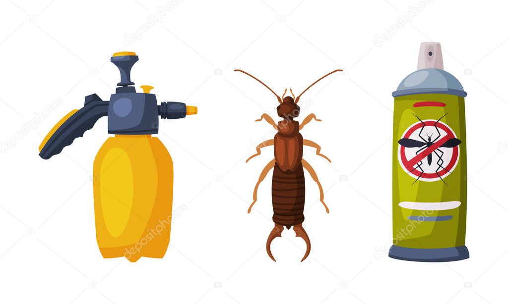 Pest Control with Chemical in Bottle and Bug Vector Set