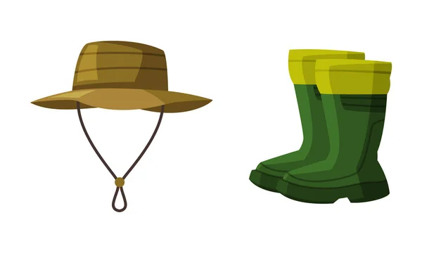 Fisherman Green Hat and Pair of Boots Vector Set — стоковый вектор