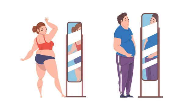 Overweight Man and Woman Character Looking in Mirror Vector Set - Stok Vektor